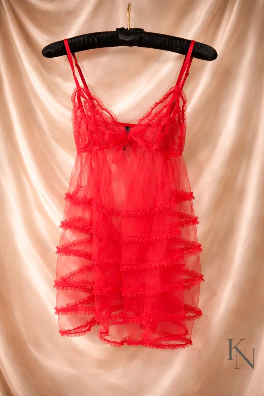 Victoria’s Secret Sheer Red Babydoll Slip Lingerie Size Large Flowy Ruffle Mesh